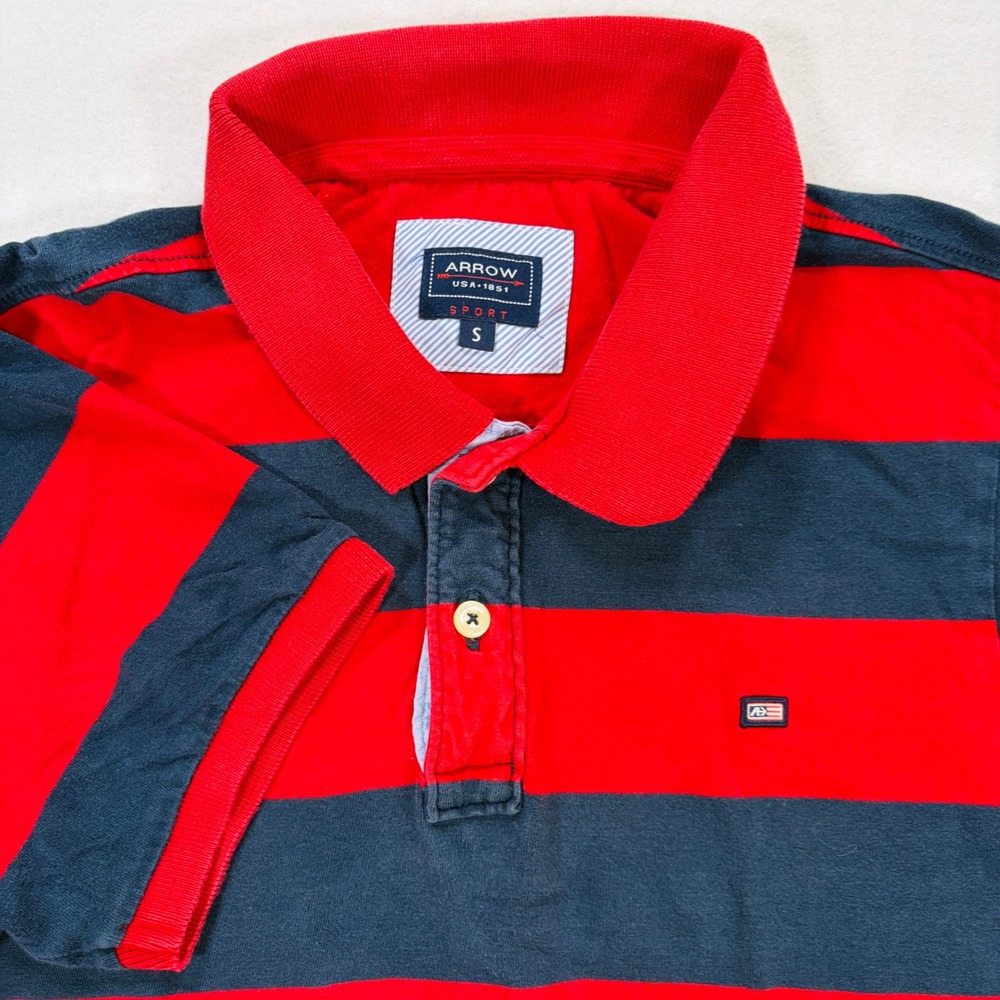 Arrow Sport Mens Small Red Navy Blue Striped Short Sleeve Polo Shirt